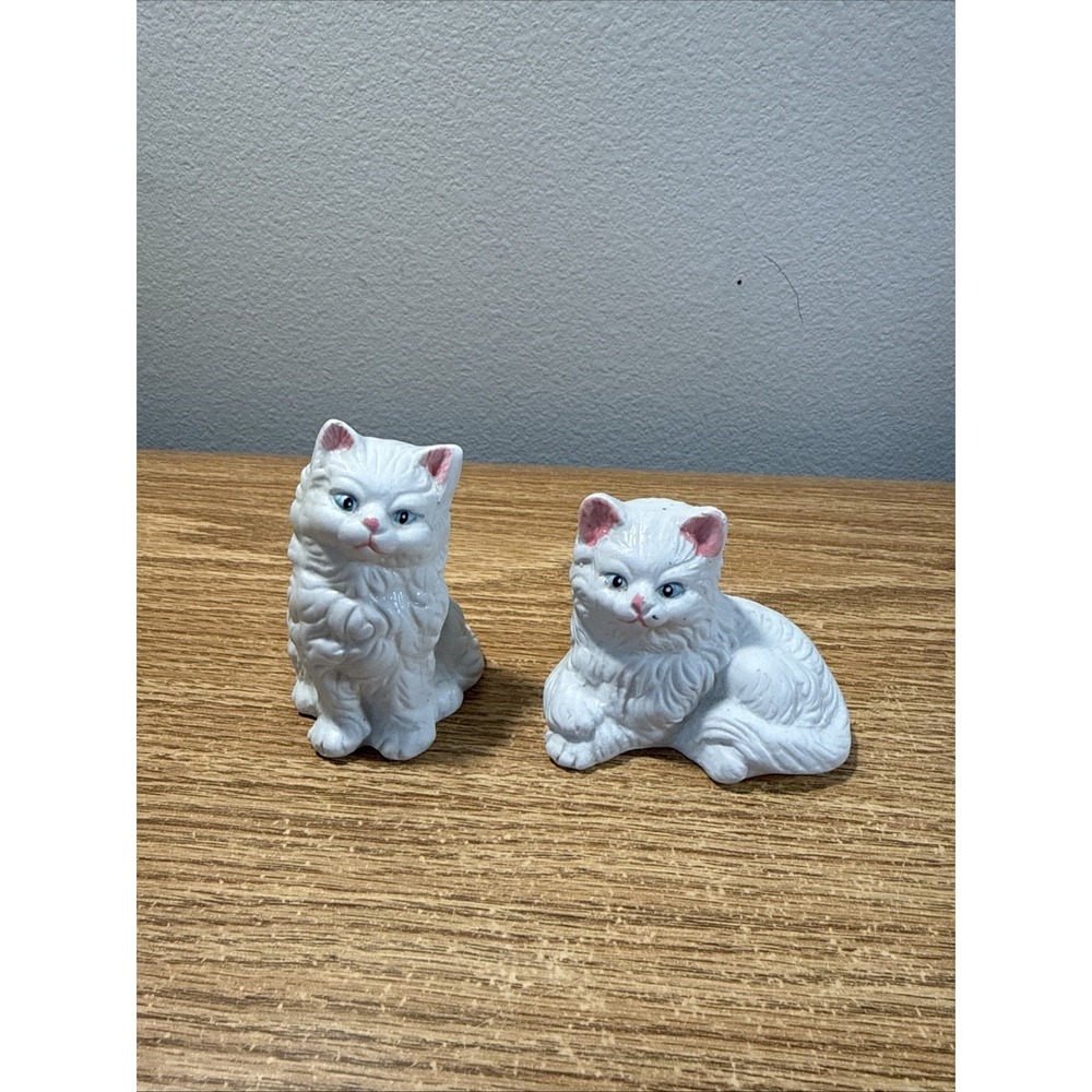 Vintage White Persian Blue Eyed Kitty Cat Kitten Bisque Porcelain Figurines